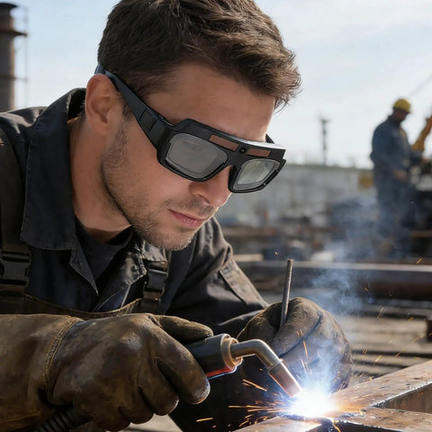 Man using Kickass Auto Darkening Welding Goggles Solar Powered Wraparound Safety Eyewear while welding with sparks flying.