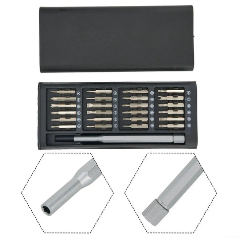 Cool 24 In 1 Precision Magnetic Screwdriver Kit With Aluminum Handle And Nickel Plated Bits For Phone PC Repair, Eyeglasses, Watches, And Electronics Fixing Jobs That Feel Like A Pro Move, open case