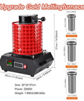 Gold Smelting Furnace 3kg Kit With Graphite Crucible, 2000W heating core for home workshops, shown with size dimensions and weight