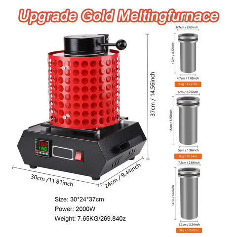 Gold Melting Furnace Kit With Temperature Control Display for Home Metal Casting, 2000W Electric Smelter with Graphite Crucible