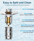 Universal Bathroom Sink Drain Strainer With All Metal Pop Up Stopper And Removable Stainless Steel Filter Basket showing metal push button and brass stem.