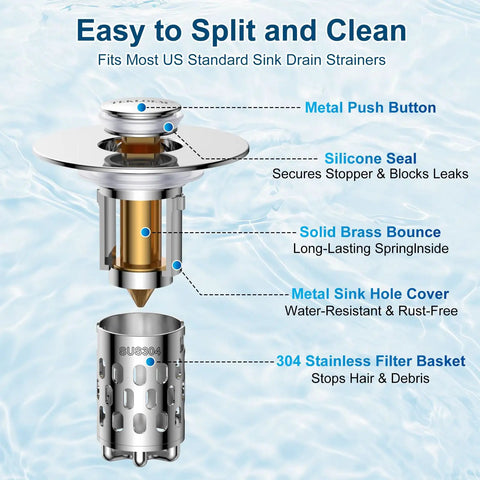 Universal Bathroom Sink Drain Strainer With All Metal Pop Up Stopper And Removable Stainless Steel Filter Basket showing metal push button and brass stem.
