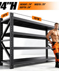 Hella Sturdy Heavy Duty Metal Storage Shelves With Rock Solid Frame And No Sweat Setup Four Tier Adjustable Garage Shelving Rack For Home Shop Or Warehouse 74 inch high, 79 inch wide, 24 inch deep shelving unit with strong frame.