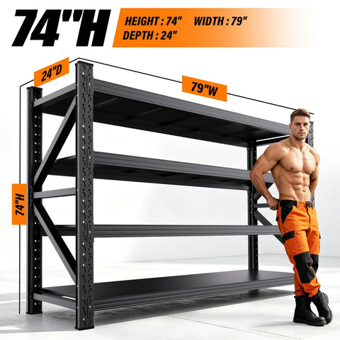 Hella Sturdy Heavy Duty Metal Storage Shelves With Rock Solid Frame And No Sweat Setup Four Tier Adjustable Garage Shelving Rack For Home Shop Or Warehouse 74 inch high, 79 inch wide, 24 inch deep shelving unit with strong frame.
