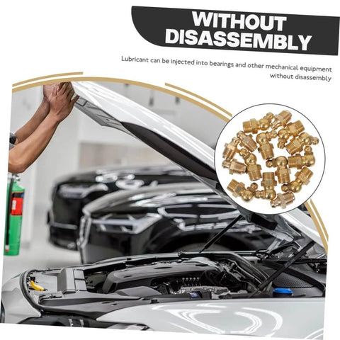60-Piece Grease Fitting Assortment Kit With 1/4-28 SAE-LT Copper Threaded Lubrication Nozzles, shown with car hood open