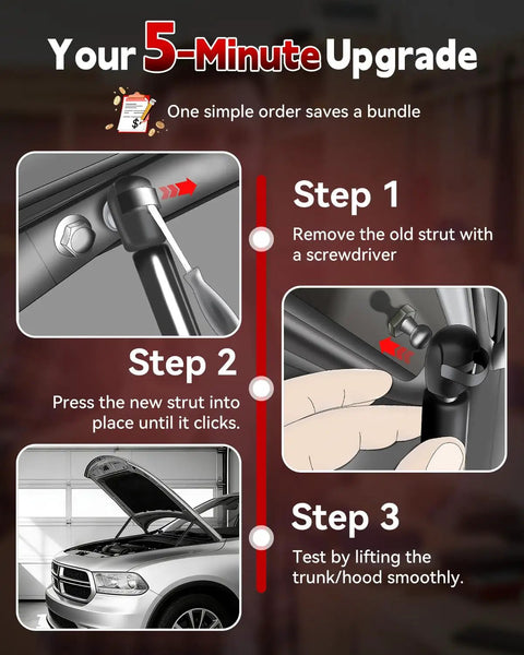 Illustration of step-by-step process for installing Plug-And-Play Front Hood Struts Replacement For Ford F-250 F-350 F-450 F-550 2008 2009 2010