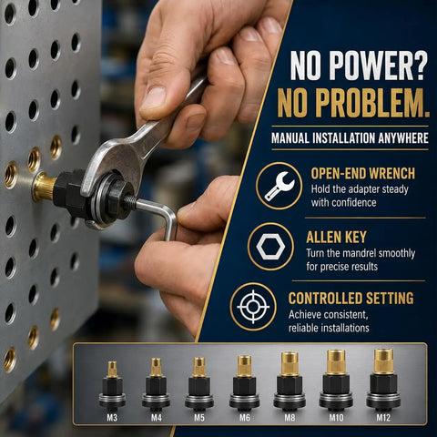 77-Piece Rivet Nut Installation Kit With Drill Adapters And Press-In Nuts, Seven Installers And 70 Nuts M3-M12, Pro Grade For Sheet Metal And Auto Repair, Manual Or Powered Nut Setter For Quick, Easy Riveting. Manual rivet nut kit using wrench and Allen key on sheet metal, M3-M12 adapters