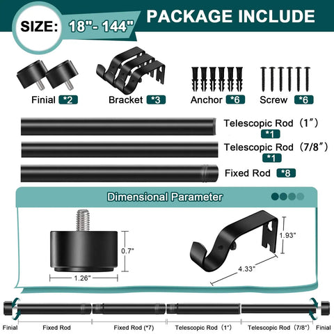 Components of Heavy Duty Adjustable Curtain Rod For Windows 72 To 144 Inch, black rods, screws, brackets, anchors