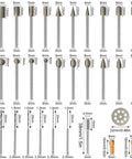34-piece Stone Carving Set Diamond Burr Bits For Rotary Tool Kit arranged by size and type with dimensions visible