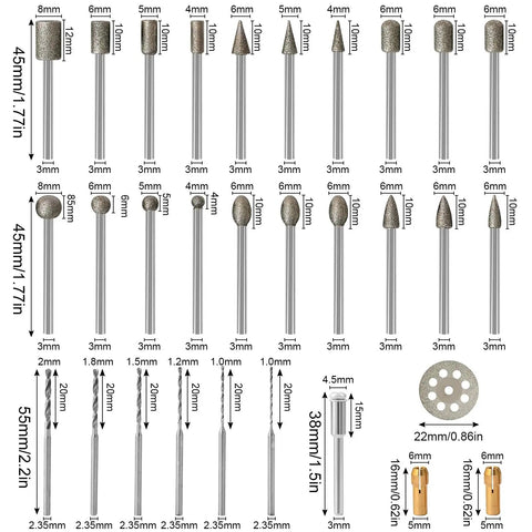 34-piece Stone Carving Set Diamond Burr Bits For Rotary Tool Kit arranged by size and type with dimensions visible