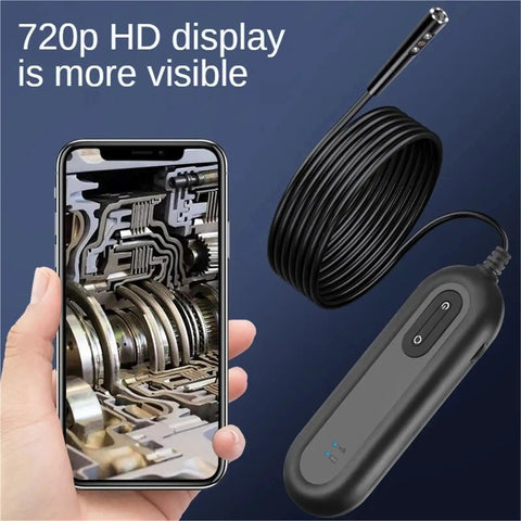 Pro Grade Dual Lens Wireless Endoscope For Engine Bay And Pipe Inspections showing phone with 720p HD display and cable.