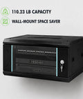 Heavy Duty Wall Mount Server Rack Cabinet With Locking Tempered Glass Door And 19 Inch Standard Layout For Network Switches Routers Patch Panels, displaying 110.23 lb capacity.