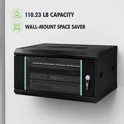 Heavy Duty Wall Mount Server Rack Cabinet With Locking Tempered Glass Door And 19 Inch Standard Layout For Network Switches Routers Patch Panels, displaying 110.23 lb capacity.