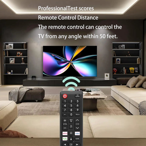 Universal Samsung TV Remote Control Replacement That Works With All Samsung LCD LED HDTV 3D Smart TVs displayed in living room setting