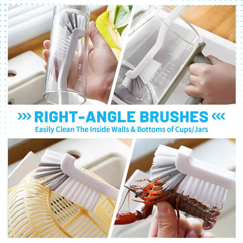 16 Piece Crevice Cleaning Brush Set For Tight Spots And Deep Grime Clean Up in use on cups, jars, strainers and seafood.