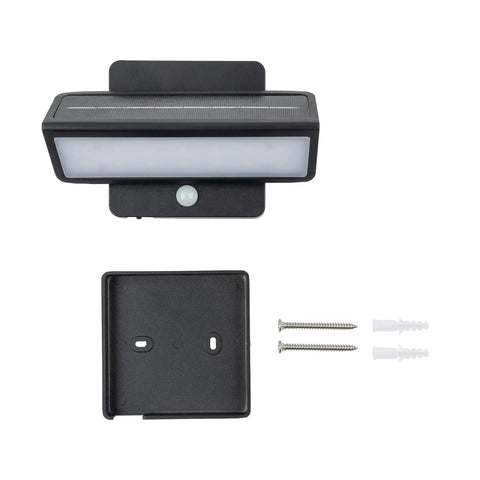 Architectural Outdoor Solar Wall Light With Motion Sensor 120 Lumens Dual Color shown with mounting plate and screws