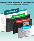 Dope 10.1 Inch ESP32 P4 Touchscreen Display With AI Speech 1024x600 IPS HMI Dual Core Up To 400MHz 2.4GHz WiFi 6 And Bluetooth 5.3 Arduino ESP IDF Ready No Camera Compact IoT Dev Panel For Smart Projects showing Arduino IDE, ESP-IDF, PlatformIO support