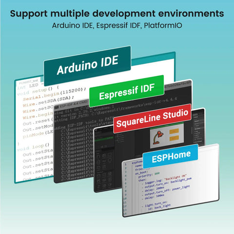 Dope 10.1 Inch ESP32 P4 Touchscreen Display With AI Speech 1024x600 IPS HMI Dual Core Up To 400MHz 2.4GHz WiFi 6 And Bluetooth 5.3 Arduino ESP IDF Ready No Camera Compact IoT Dev Panel For Smart Projects showing Arduino IDE, ESP-IDF, PlatformIO support