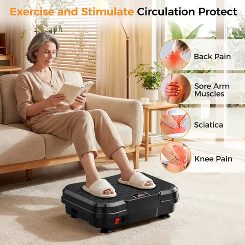 Woman using Vibration Plate Exercise Machine For Lymphatic Drainage And Weight Loss, Full Body Shake Platform With 9 Modes