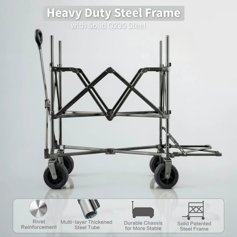 Heavy Duty Double Decker Collapsible Wagon with retractable mesh and tailgate, showing steel frame and wheels, 600L capacity