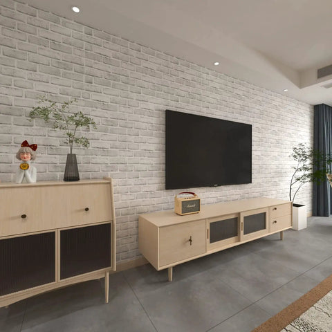 Brick Wallpaper Peel And Stick 3D Faux Brick Self Adhesive Removable Wallpaper Backsplash For Walls White And Gray Waterproof Thick Easy To Install in modern living room.