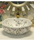 USZWBY Bathroom Vessel Sink China Painting Flower and Bird Ceramic Painting Art Bathroom Vessel Sinks Round Countertop Wash Basin with floral design.