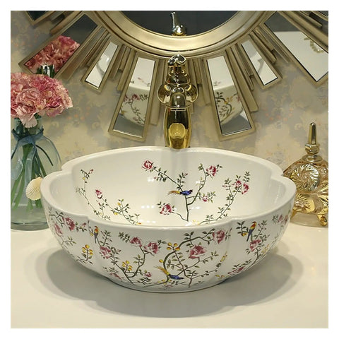 USZWBY Bathroom Vessel Sink China Painting Flower and Bird Ceramic Painting Art Bathroom Vessel Sinks Round Countertop Wash Basin with floral design.