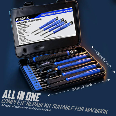 MacBook Pro And Air Teardown Tool Kit With Pentalobe And Torx Bits And Precision Drivers in open case with blue handles