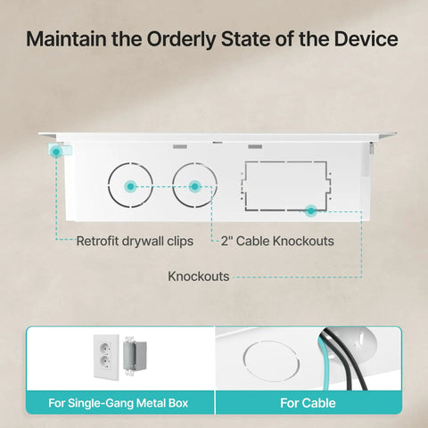 Recessed cable management kit features retrofit drywall clips and cable knockouts for a clean installation.