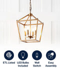 Kickstart Your Space With This Totally Rad Antique Gold 4 Light Pendant Ceiling Fixture Featuring A 12 Inch Caged Lantern Design And Bright Energy Saving LEDs For Easy Install And Smooth Dining Room Vibes. Pendant lamp with four LED bulbs in antique gold cage.