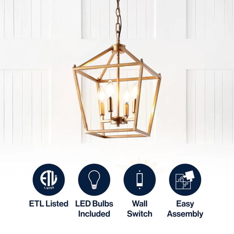 Kickstart Your Space With This Totally Rad Antique Gold 4 Light Pendant Ceiling Fixture Featuring A 12 Inch Caged Lantern Design And Bright Energy Saving LEDs For Easy Install And Smooth Dining Room Vibes. Pendant lamp with four LED bulbs in antique gold cage.