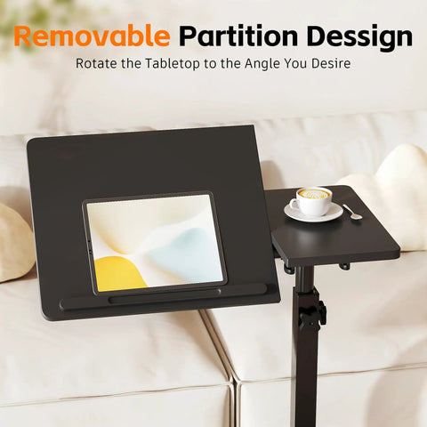 Must-Have Adjustable Overbed Table With 180-Degree Swivel Desktop showing removable partition and cup of coffee