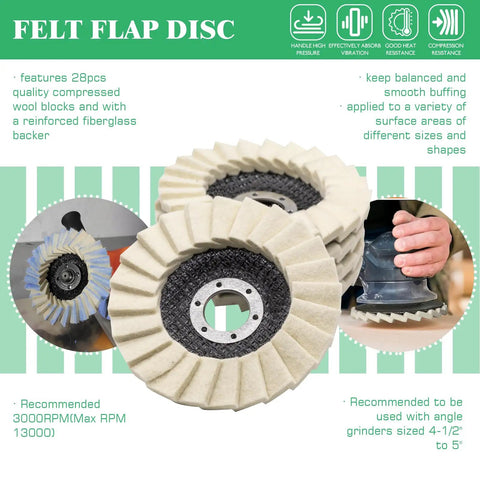 Felt flap disc featuring 28 quality compressed wool blocks, suitable for 4-1/2 to 5 inch angle grinders, 11 Piece Wool Buffing And Polishing Wheel Kit For Angle Grinder Handles Heavy Duty Metal Prep Tasks Like A Champ And Delivers A Flawless Showroom Shine.