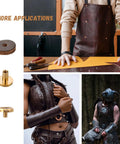 8 Pack Leather Suspender Lock Set With Washers For DIY Suspender Repairs And Replacing Buckles Works With Tool Bags Leather Vests And Belts Beefy Brass Locks Easy Install Great For Upgrading Old Gear, shown with leather crafting tools and applications.