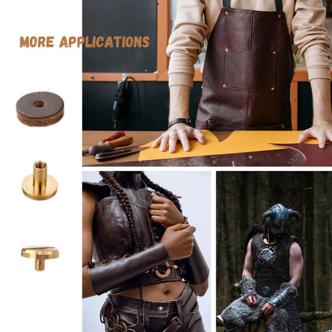 8 Pack Leather Suspender Lock Set With Washers For DIY Suspender Repairs And Replacing Buckles Works With Tool Bags Leather Vests And Belts Beefy Brass Locks Easy Install Great For Upgrading Old Gear, shown with leather crafting tools and applications.