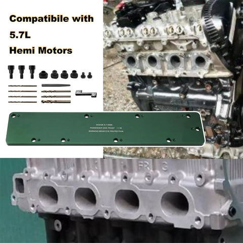 Dodge 5.7L Hemi Exhaust Manifold Template Removal Tool Set with drill bits and bolts next to Hemi engine