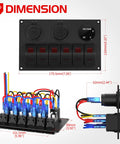 Dimensions of Six Gang Rocker Switch Panel 12V Marine Waterproof With Red LED 5 Pin Toggle USB Port Cigarette Lighter Socket Voltmeter for Boat Car RV.