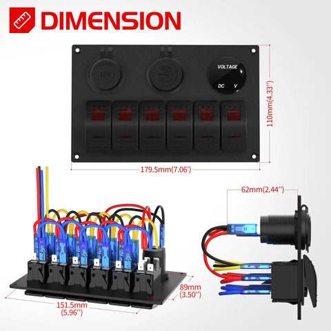 Dimensions of Six Gang Rocker Switch Panel 12V Marine Waterproof With Red LED 5 Pin Toggle USB Port Cigarette Lighter Socket Voltmeter for Boat Car RV.