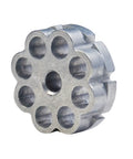 Close-up of German made aluminum rotary magazine for .177 caliber pellet air pistols, 8-shot, compatible with Walther CP88 and more.