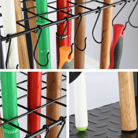 Heavy Duty Garden Tool Organizer Rack For Garage Corner Storage Free Standing No Mount With 31 Tool Grids And 8 Removable Hooks