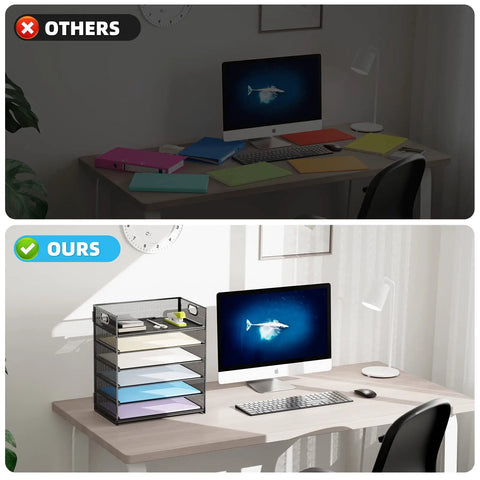 Six Tier Mesh Desk File Tray With Heavy Duty Handle For Office Letter Sorting A4 Paper And Filing Folders in an organized workspace.