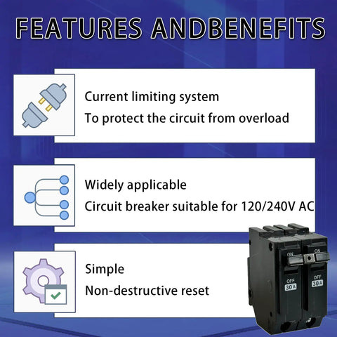 2 Pole 30 Amp Circuit Breaker For 120 Volt And 240 Volt Systems With Plug In Mount, Thermal Magnetic Protection, 10kA Breaking Capacity, Compatible With THQL Thick Series And Q Line Load Centers, black