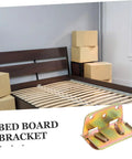 Heavy Duty Bed Rail Fastener Brackets Six Piece Kit With Reinforced Hinge Buckles For Secure Bed Frame Support No Sweat Assembly Rock Solid Stability And Built Tough Durability in a close-up with a wooden bed frame.