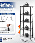 5 Tier Heavy Duty Wire Shelving Rack With Raised Edges And Oil Resistant Baked Finish Fully Adjustable Pantry Storage Organizer showing adjustable height and bonus hooks.