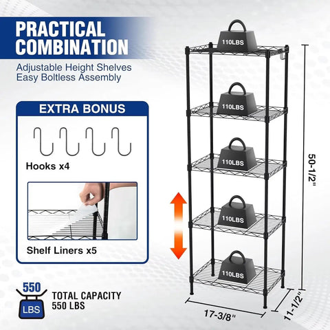5 Tier Heavy Duty Wire Shelving Rack With Raised Edges And Oil Resistant Baked Finish Fully Adjustable Pantry Storage Organizer showing adjustable height and bonus hooks.
