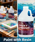 Crystal Clear Epoxy Resin Kit 1 Gallon Self Leveling UV Resistant Rapid Cure For DIY Projects River Tables Woodworking Art Molds Casting Jewelry And Crafts For Beginners And Pros shown with artist using resin on canvas