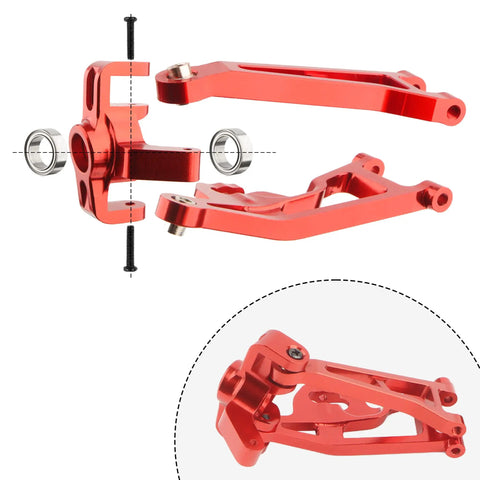 Beefed Up Front Aluminum Suspension Arms And Front Steering Block Upgrade Kit for 1/14 Scale RC Cars, red, visible separate parts