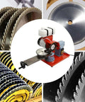 Pro Shop Saw Blade Sharpener And Precision Gear Grinder With Water Cooled Electric Angle Mill Rig For Carbide Tipped Woodworking Cutters Built Tough Iron Frame Grinds Flat Tames Dull Teeth Up To 700Mm with various saw blades.