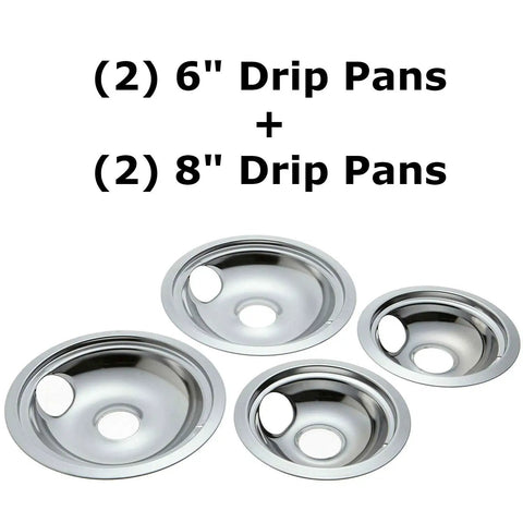 Replacement Chrome Drip Pan Set For GE And Hotpoint Electric Ranges With Locking Slots Includes 2 6 Inch And 2 8 Inch Pans 4 Pack WB31T10010 WB31T10011 showing two chrome 6-inch and two 8-inch pans with circular cutouts.