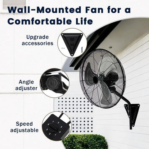 Heavy Duty 20 Inch Wall Mount Fans Set 2 Pack High Velocity Oscillating Fans With 6600 CFM 3 Speed Controls shown installed